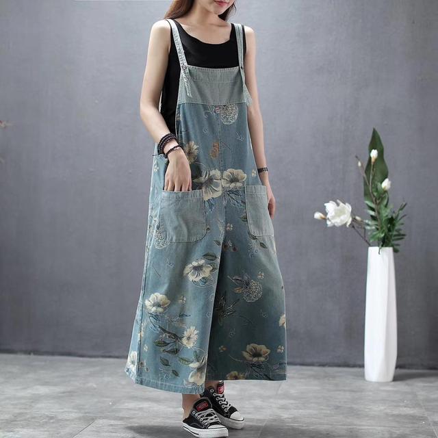 Vintage Floral Print Baggy Loose Casual Denim Pants Wide Leg Ankle Length Jeans