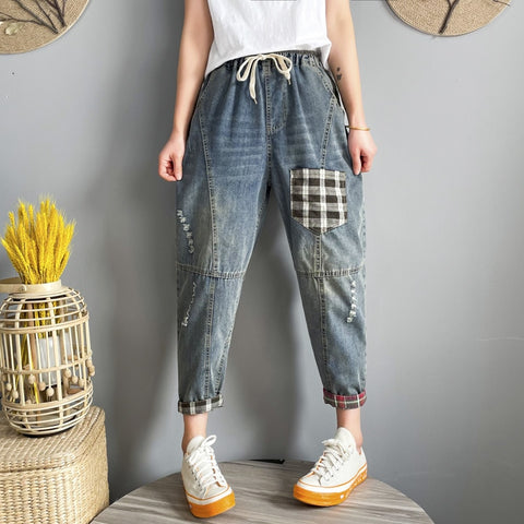 Patchwork Pockets Hole Pockets Jeans High Waist Drawstring Distressed Retro