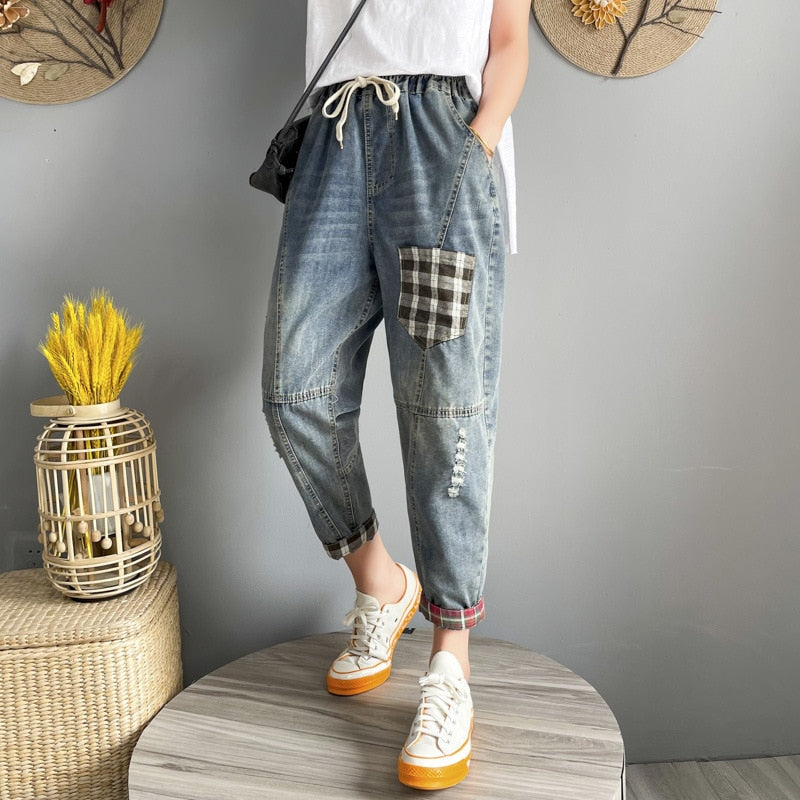 Patchwork Pockets Hole Pockets Jeans High Waist Drawstring Distressed Retro