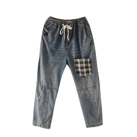 Patchwork Pockets Hole Pockets Jeans High Waist Drawstring Distressed Retro