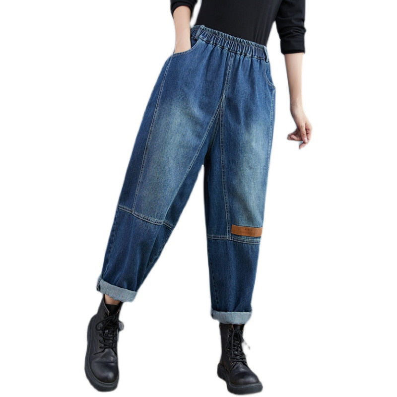 Harem Jeans Patchwork High Waist Loose Bleached Casual Fashion Streetwear