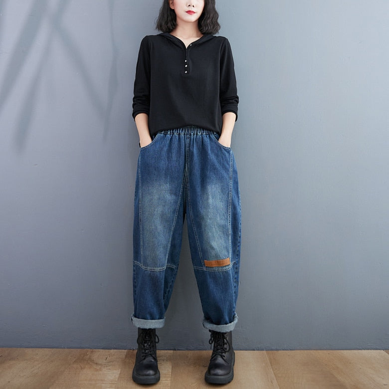 Harem Jeans Patchwork High Waist Loose Bleached Casual Fashion Streetwear