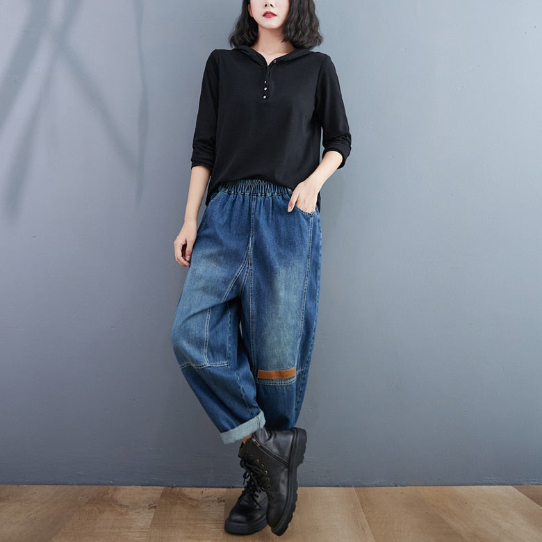 Harem Jeans Patchwork High Waist Loose Bleached Casual Fashion Streetwear