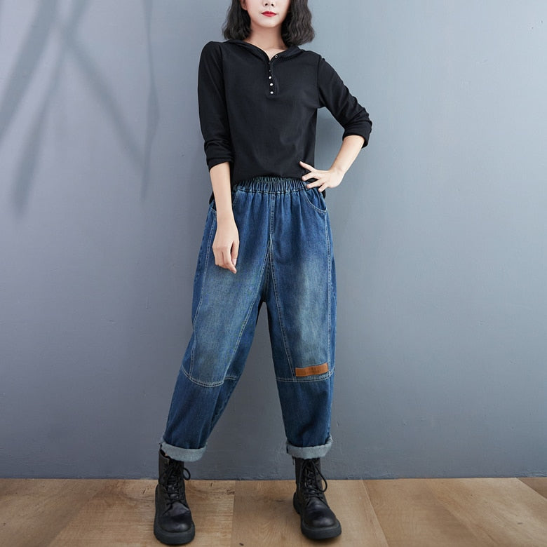 Harem Jeans Patchwork High Waist Loose Bleached Casual Fashion Streetwear