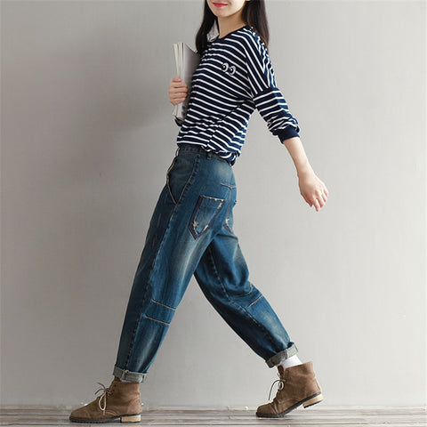 Harem Jeans Loose Fashion Distressed Retro Bleached Scratch Denim Trousers