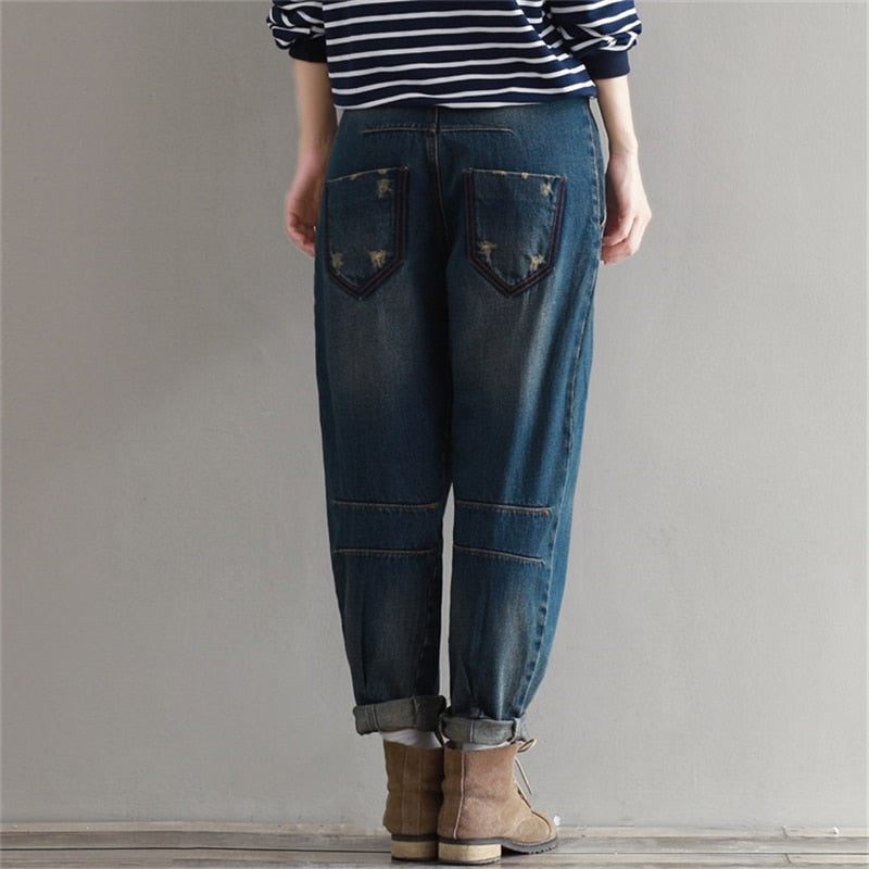 Harem Jeans Loose Fashion Distressed Retro Bleached Scratch Denim Trousers