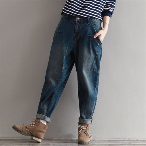 Harem Jeans Loose Fashion Distressed Retro Bleached Scratch Denim Trousers
