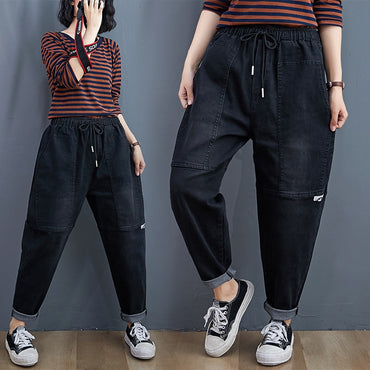 All-Match Harem Jeans For Women Autumn Winter Elastic Waist Drawstring