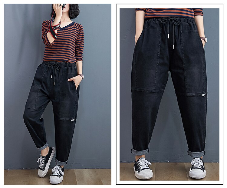 All-Match Harem Jeans For Women Autumn Winter Elastic Waist Drawstring