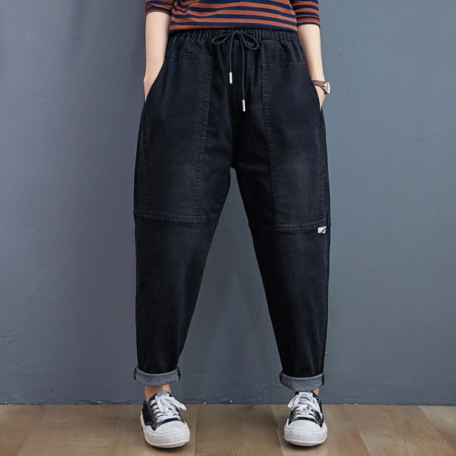 All-Match Harem Jeans For Women Autumn Winter Elastic Waist Drawstring