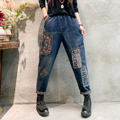 Women Vintage Ethnic Style Patchwork Jeans Elastic High Waist Fashion