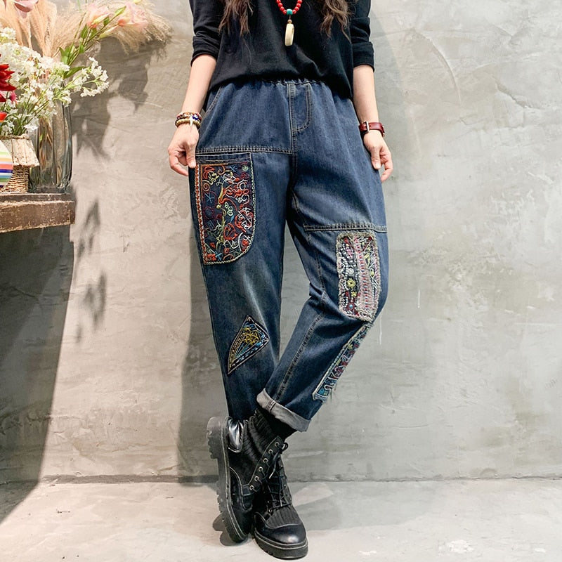 Women Vintage Ethnic Style Patchwork Jeans Elastic High Waist Fashion