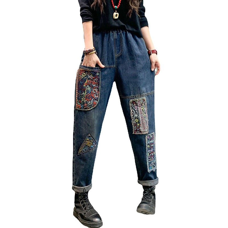 Women Vintage Ethnic Style Patchwork Jeans Elastic High Waist Fashion