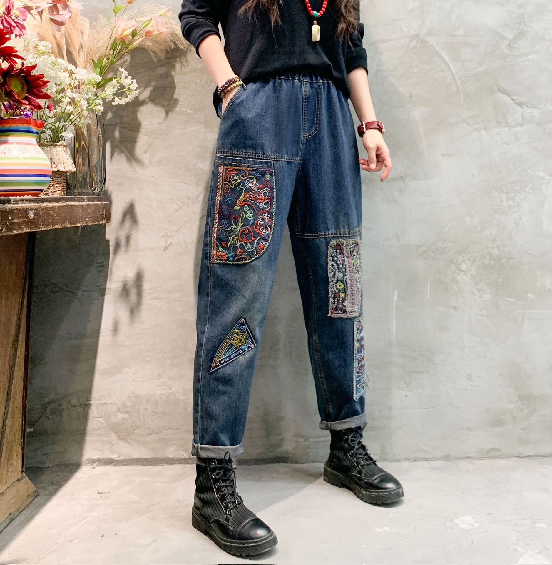 Women Vintage Ethnic Style Patchwork Jeans Elastic High Waist Fashion