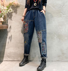 Women Vintage Ethnic Style Patchwork Jeans Elastic High Waist Fashion