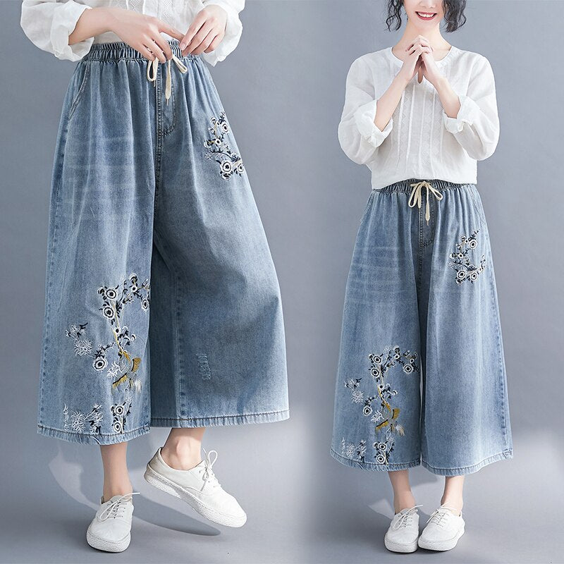 Oversize Women Jeans Fashion Vintage Chinese Style Floral Embroidery Casual