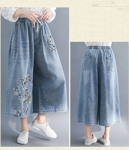 Oversize Women Jeans Fashion Vintage Chinese Style Floral Embroidery Casual