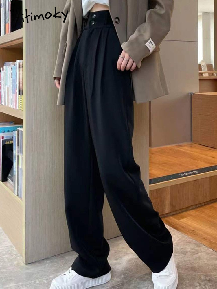 Black Suit Pants for Women Korean 2 Buttons Wide Leg Trousers Vintage ...