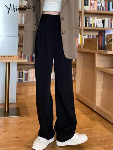 Black Suit Pants for Women Korean 2 Buttons Wide Leg Trousers Vintage Streetwear