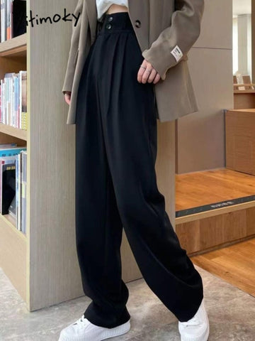 Black Suit Pants for Women Korean 2 Buttons Wide Leg Trousers Vintage Streetwear