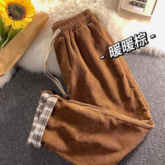 Plaid Cuffs Women Casual Pants Brown Straight-leg Baggy Vintage Trousers