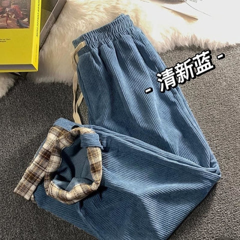Plaid Cuffs Women Casual Pants Brown Straight-leg Baggy Vintage Trousers