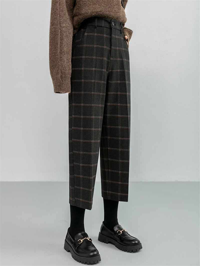 Checkered Plaid Wide Leg High Waist Straight Capris Wild Trousers