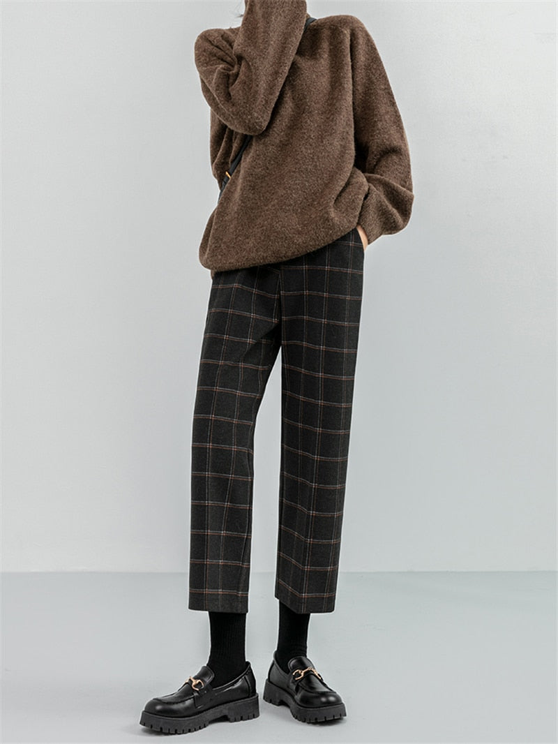 Checkered Plaid Wide Leg High Waist Straight Capris Wild Trousers