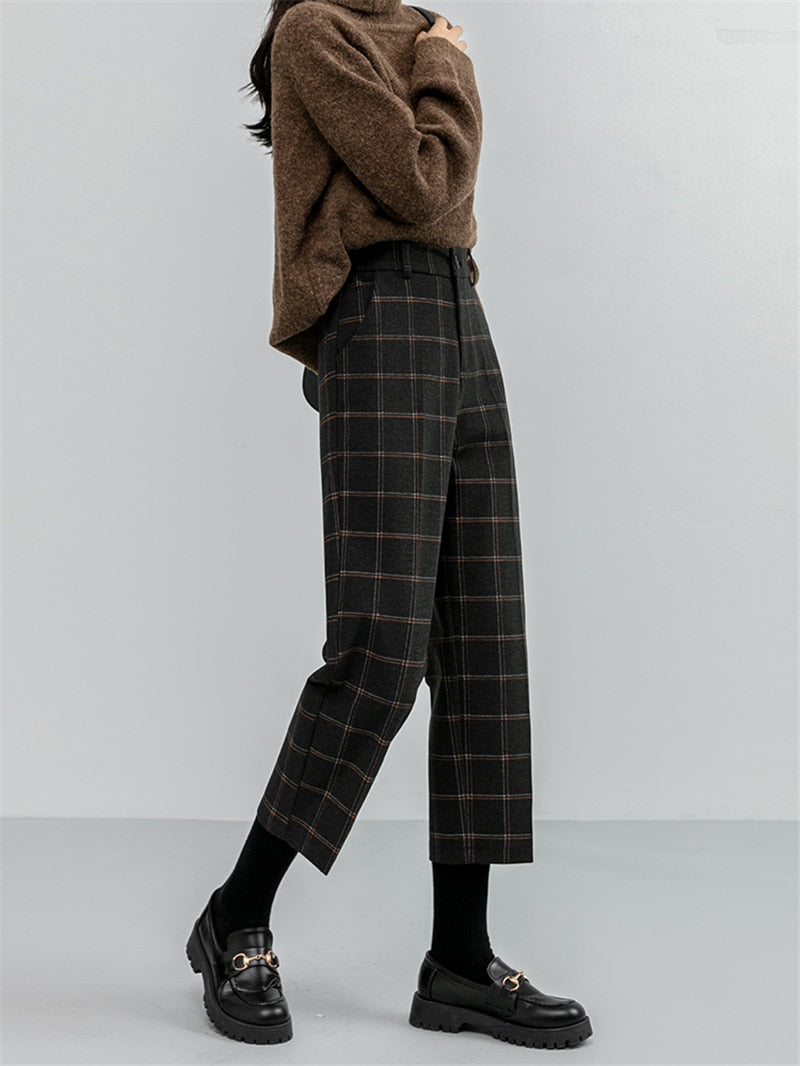 Checkered Plaid Wide Leg High Waist Straight Capris Wild Trousers