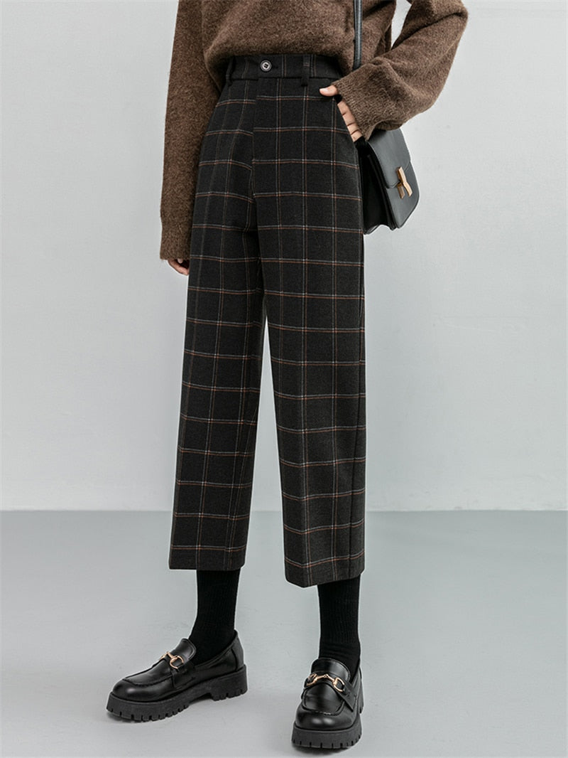 Checkered Plaid Wide Leg High Waist Straight Capris Wild Trousers