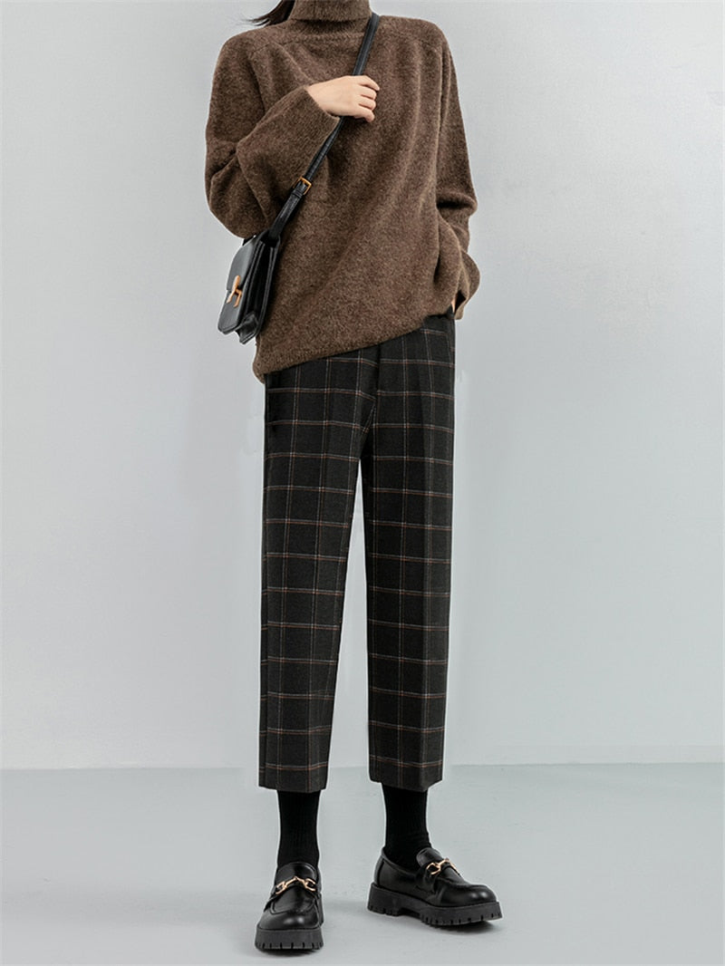 Checkered Plaid Wide Leg High Waist Straight Capris Wild Trousers