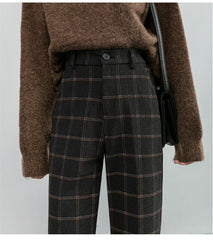 Checkered Plaid Wide Leg High Waist Straight Capris Wild Trousers