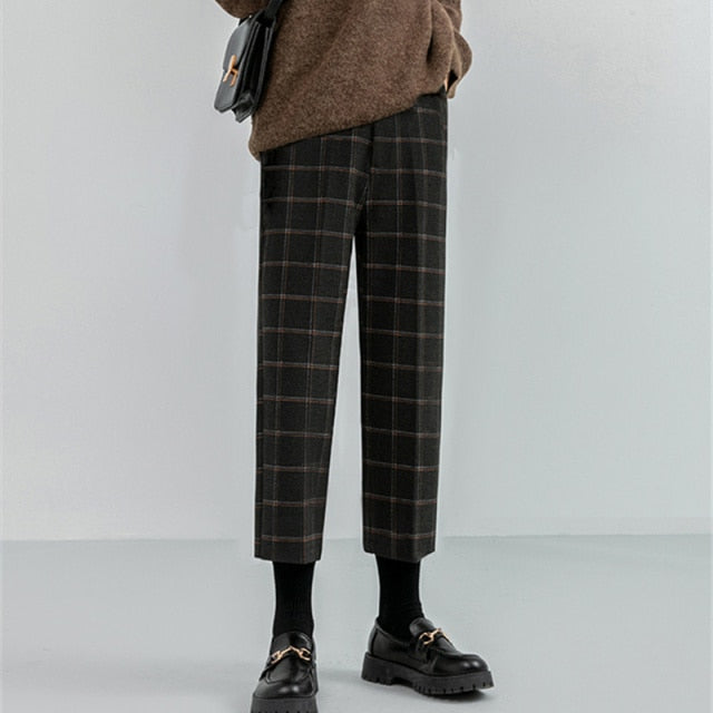 Checkered Plaid Wide Leg High Waist Straight Capris Wild Trousers