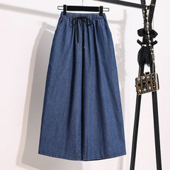 Large Size Thin Denim Cropped Trousers Casual Wide-Leg Skirt Pants Trend