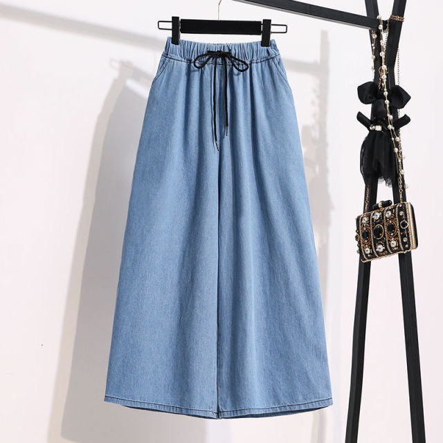Large Size Thin Denim Cropped Trousers Casual Wide-Leg Skirt Pants Trend