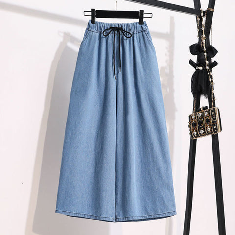 Large Size Thin Denim Cropped Trousers Casual Wide-Leg Skirt Pants Trend