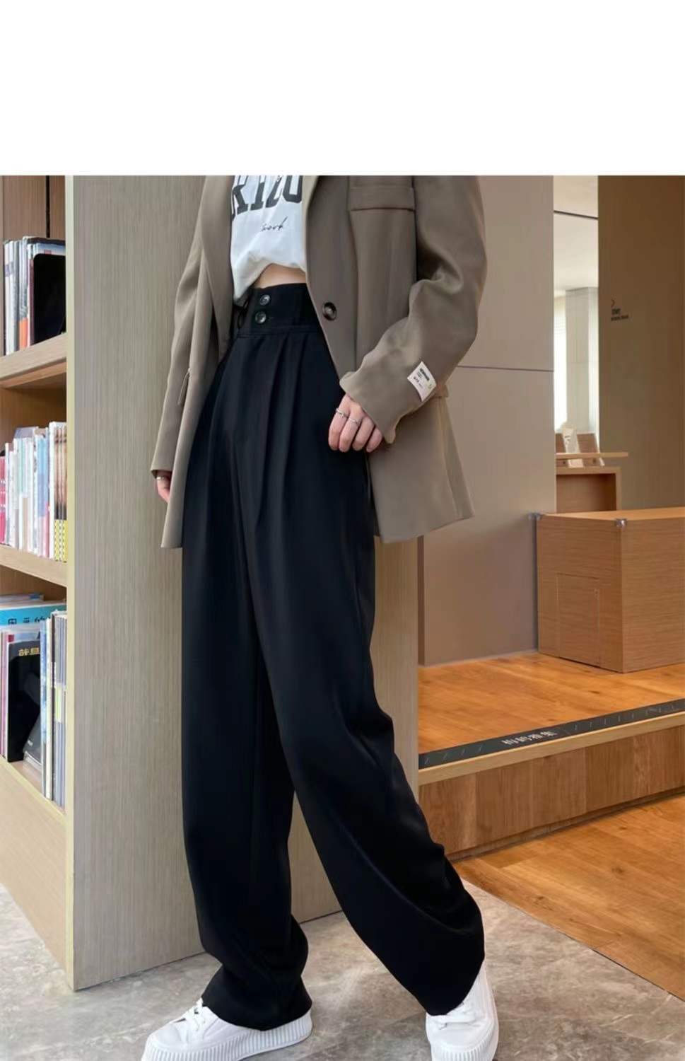 Black Suit Pants for Women Korean 2 Buttons Wide Leg Trousers Vintage ...
