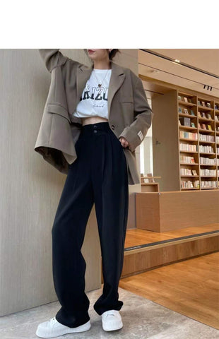 Black Suit Pants for Women Korean 2 Buttons Wide Leg Trousers Vintage Streetwear