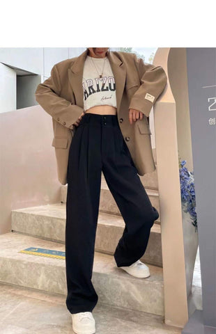 Black Suit Pants for Women Korean 2 Buttons Wide Leg Trousers Vintage Streetwear