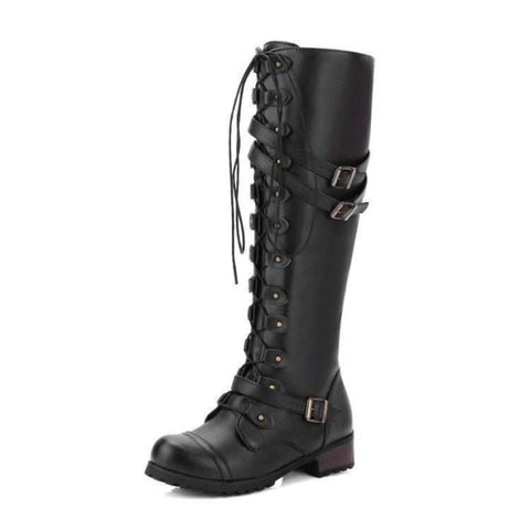 Lace Up Knee High Boots Women Fashion Boots Flats Shoes Woman Square Heel