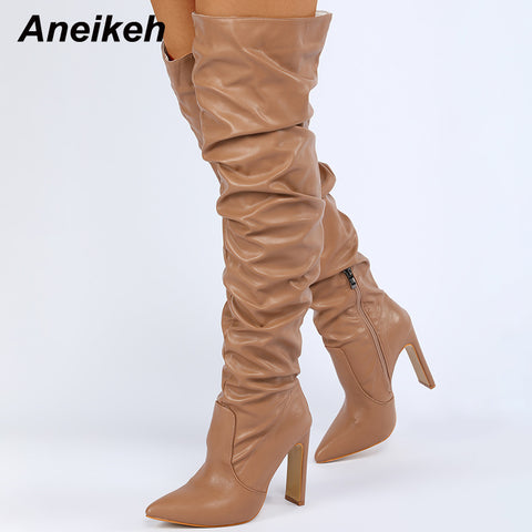 Thin High Heel Women Boots Over-The-Knee Pointed Toe PU Pleated Zipper Fashion