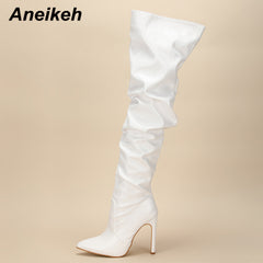 Thin High Heel Women Boots Over-The-Knee Pointed Toe PU Pleated Zipper Fashion
