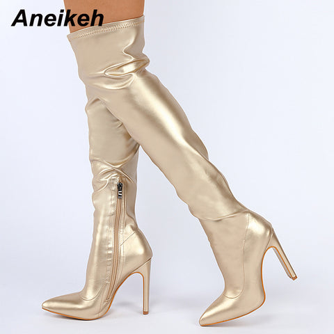 PU Pointed Toe High Heel Over-The-Knee Boots Sewing Zippers British Style Pumps