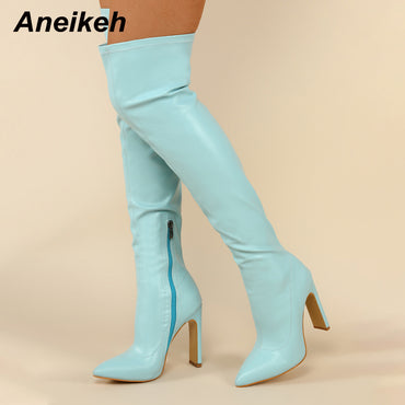 PU Pointed Toe High Heel Over-The-Knee Boots Sewing Zippers British Style Pumps