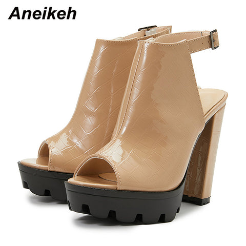 Solid Women Ankle Boots Fashion Peep Toe Platform Square High Heel