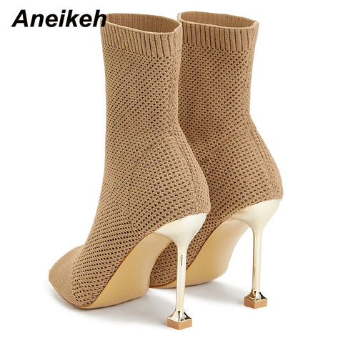 Boots Rome Style Sexy Square Open Toe Solid Stretch Fabric Hollow Mesh Thin High Heel