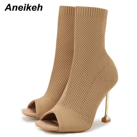 Boots Rome Style Sexy Square Open Toe Solid Stretch Fabric Hollow Mesh Thin High Heel