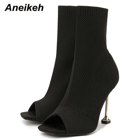 Boots Rome Style Sexy Square Open Toe Solid Stretch Fabric Hollow Mesh Thin High Heel