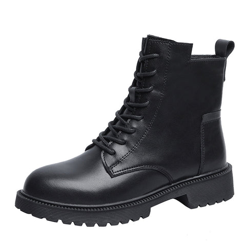 Black Lace Up Boots Women Split Leather Ankle Boots