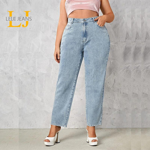 Plus Size Summer Light Blue Women Jeans Stretchy and Loose Washing Straight